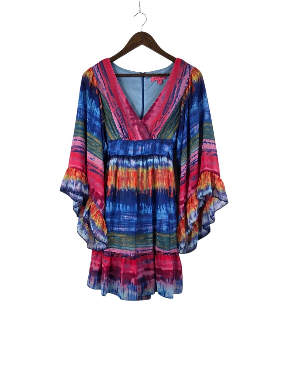 Betsey Johnson Size 8 Bohemian Multicolor Tie Dye Empire Waist Bell Sleeve Dress